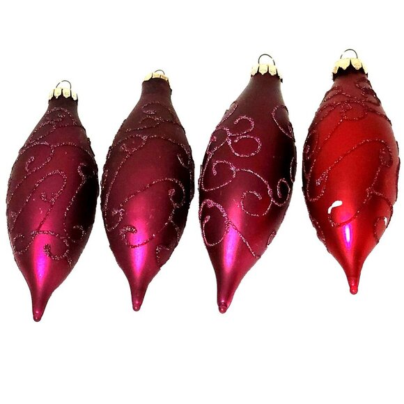 Rauch Other - Rauch Teardrop Christmas Ornaments Lot of 4 Glass Glitter Burgundy Red